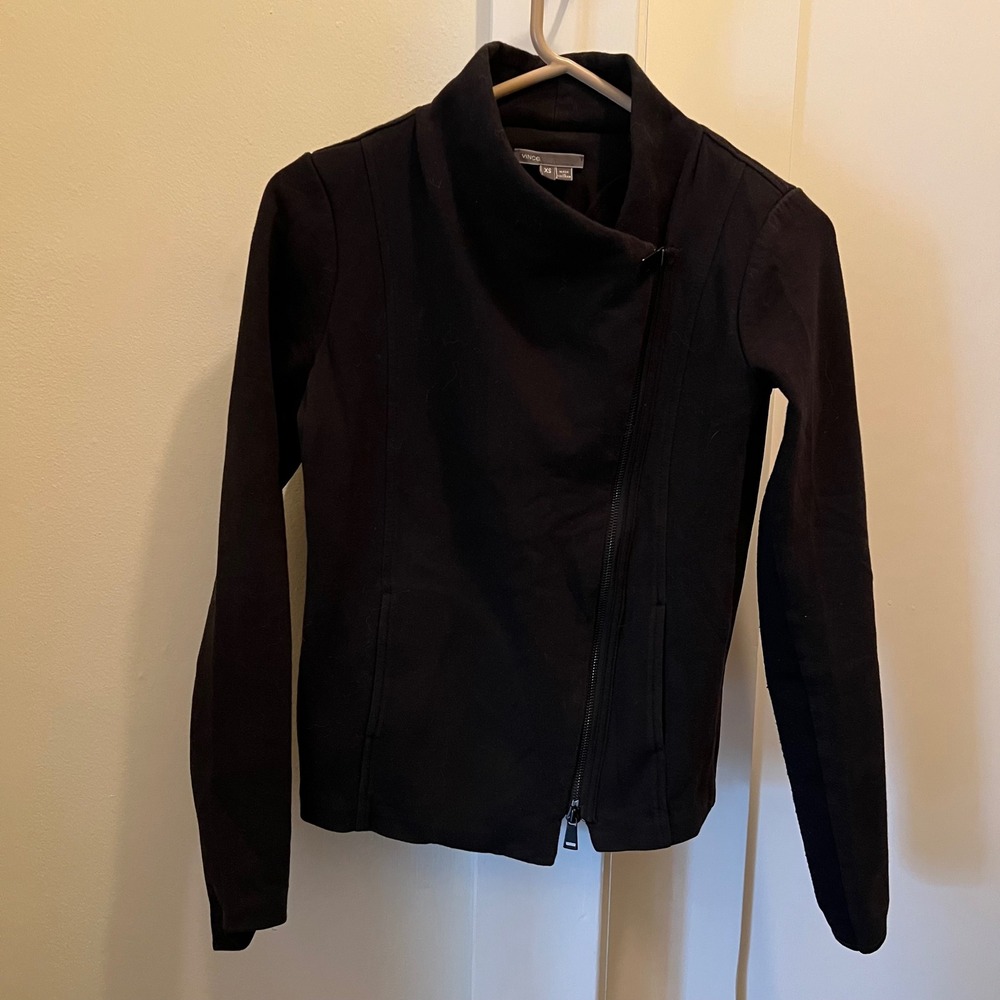 Vince Asymmetrical Zip Jacket XS Black Cotton Clean Modern Sleek Contemporary‎